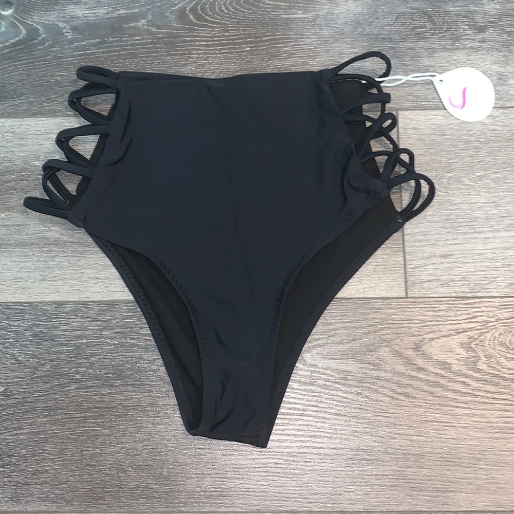 High-waisted Sexy Black Strappy Swimsuit Bottoms